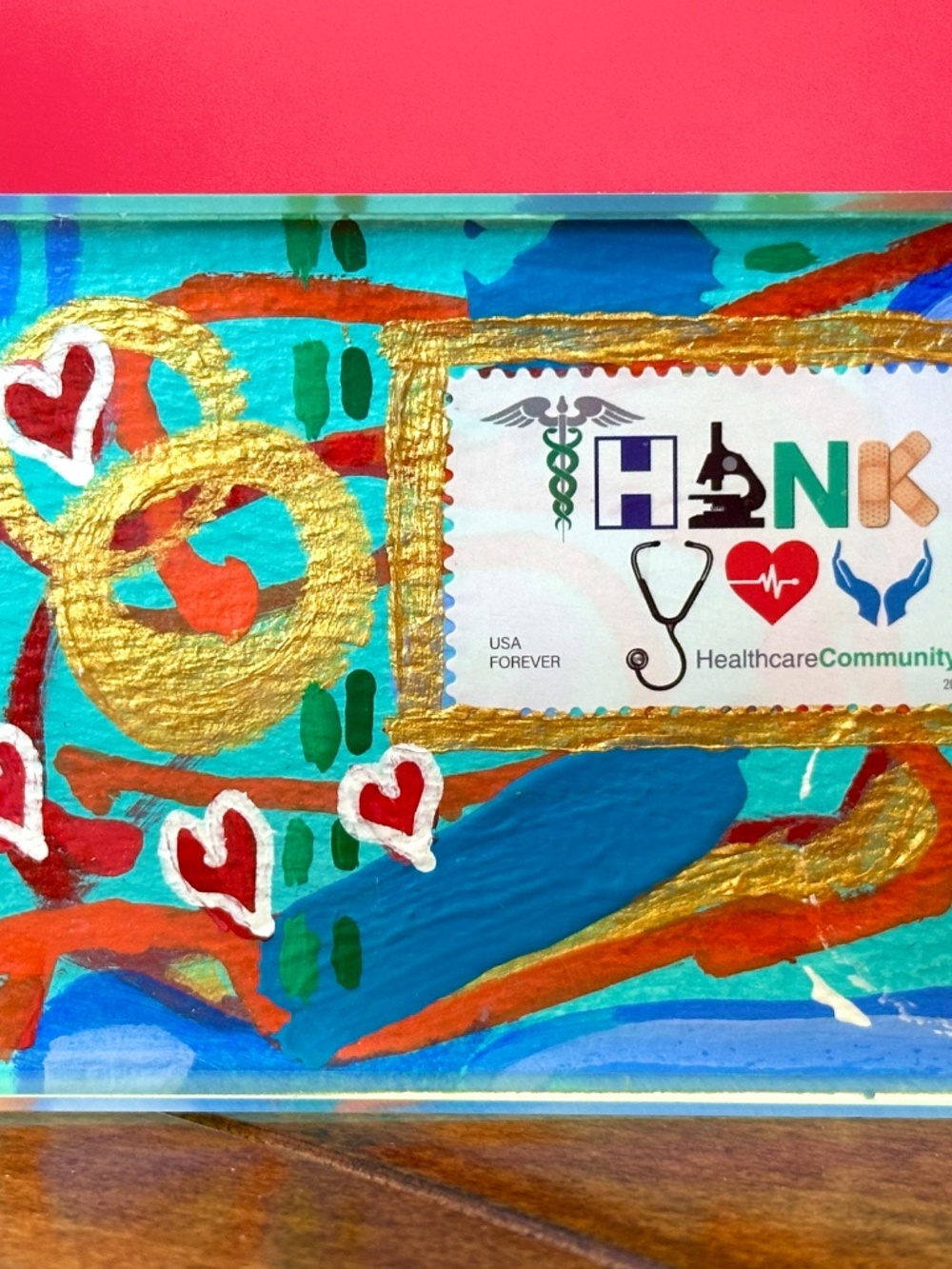 ACEO Original Art Card USA Postage Stamp Abstract Collage -Healthcare Community